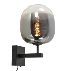 Trendy wandlamp zwart met smoke glazen kap en snoer>Straluma Clearance