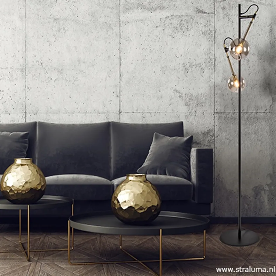 Vloerlamp Globe 2-L zwart/goud smokeglas>Straluma Sale