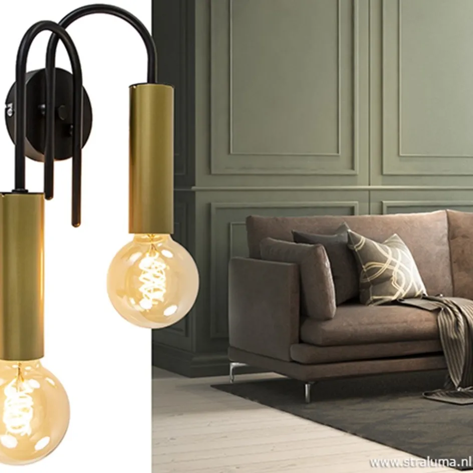 Wandlamp toog dubbel zwart/mat goud>Straluma Outlet