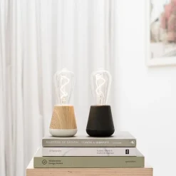 Zwart houten tafellamp oplaadbaar met helder glas><noscript><img width=