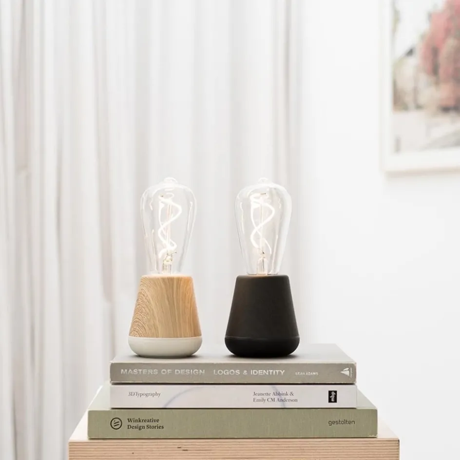 Zwart houten tafellamp oplaadbaar met helder glas>Straluma Discount